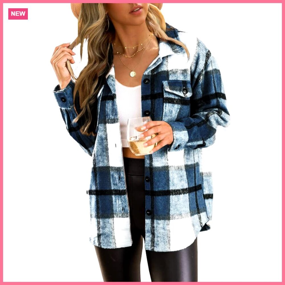 Polyester Flannel Shacket Plaid Button Down Long … - image 1